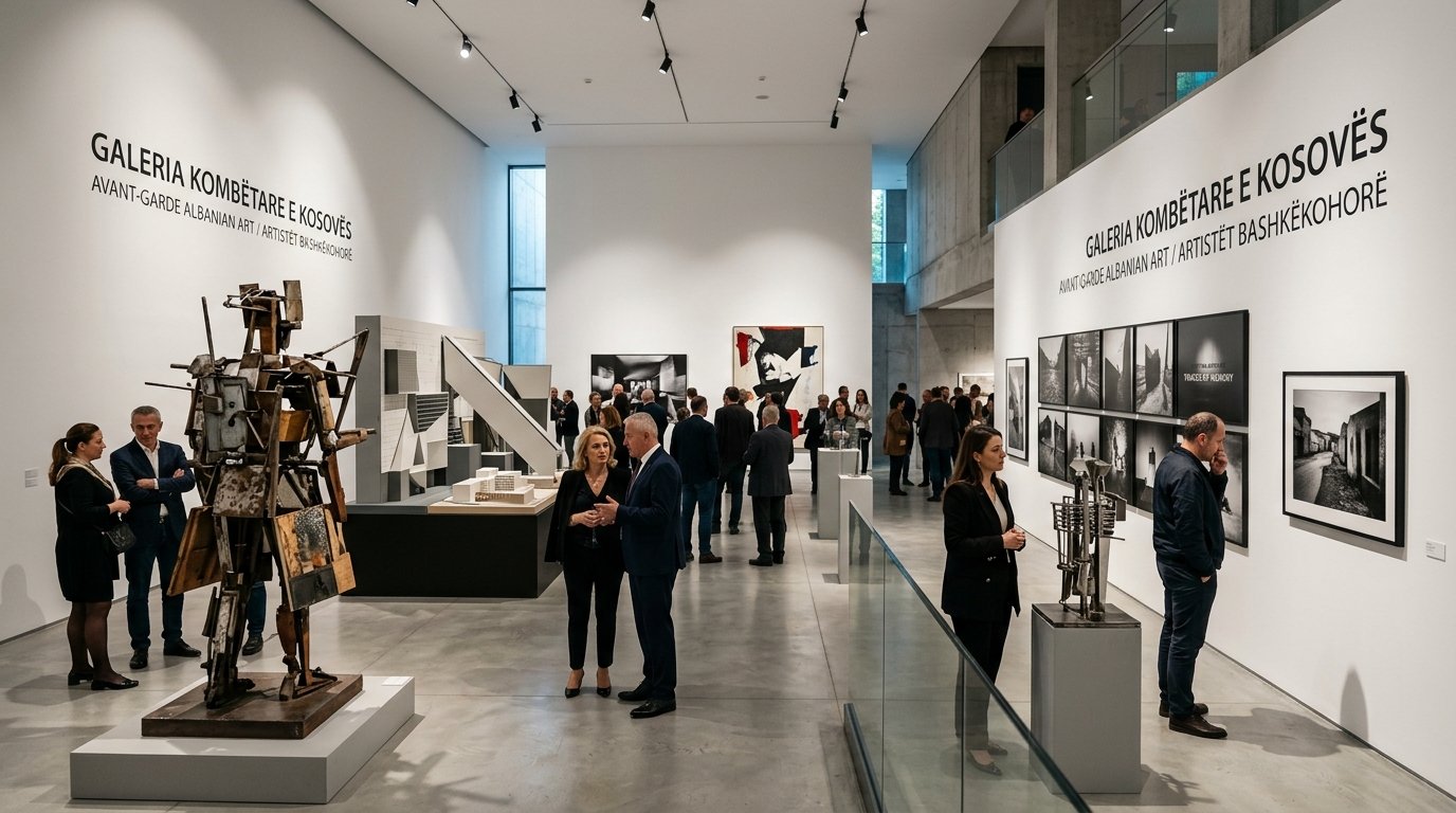 Contemporary Albanian Art exhibition at the National Gallery of Kosovo with visitors admiring modern sculpture