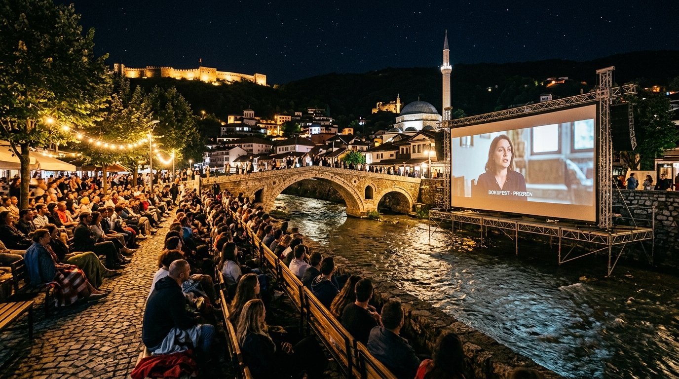 DokuFest Prizren Festival open air cinema over Lumbardhi river with stone bridge and fortress in background