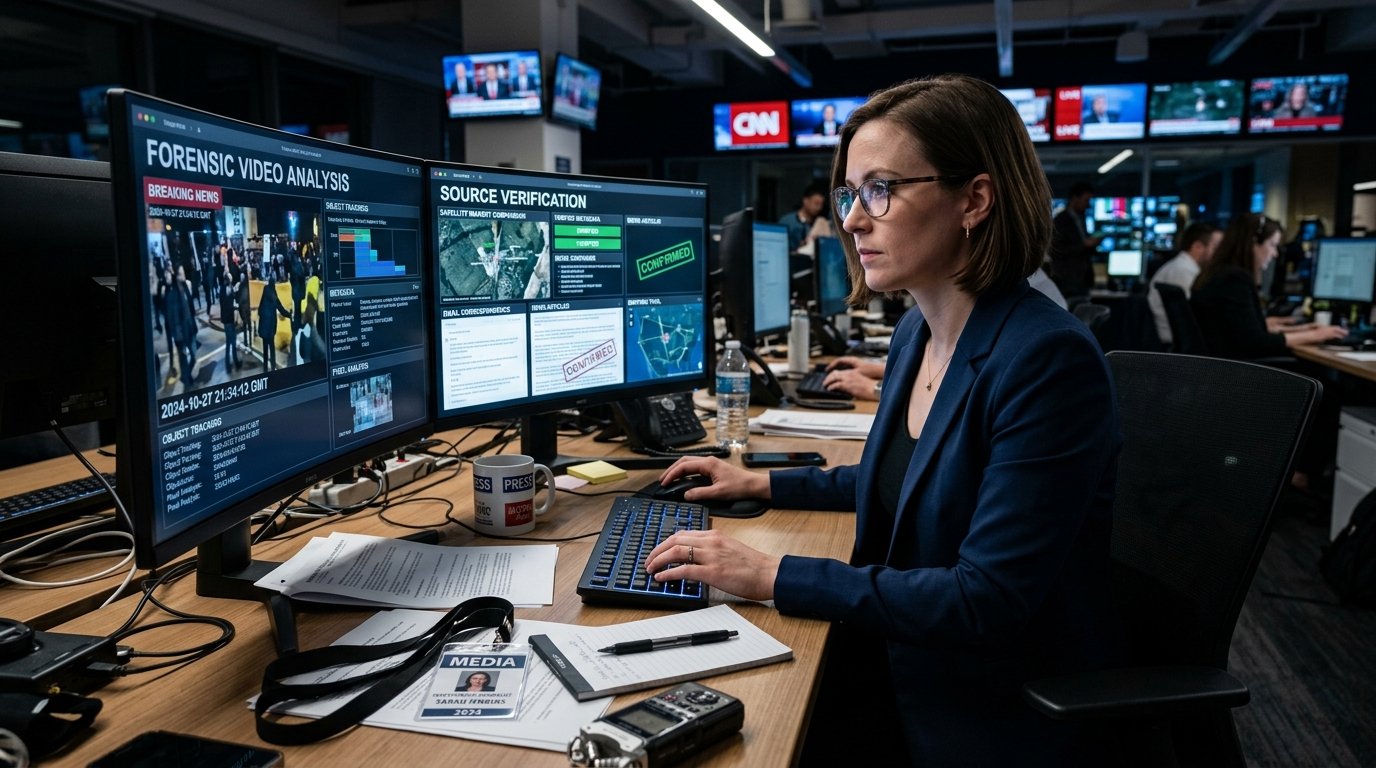 Media Ethics and Fact-Checking: Digital investigative fact-checker analyzing breaking news claims on dual monitors in newsroom