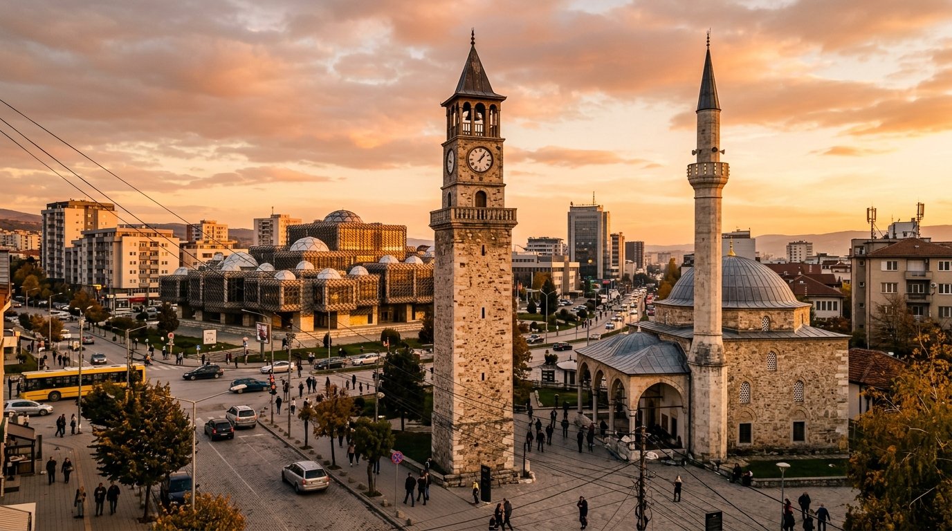 Architectural Heritage of Pristina showing the historic Sahat Kulla clock tower and National Library at golden hour
