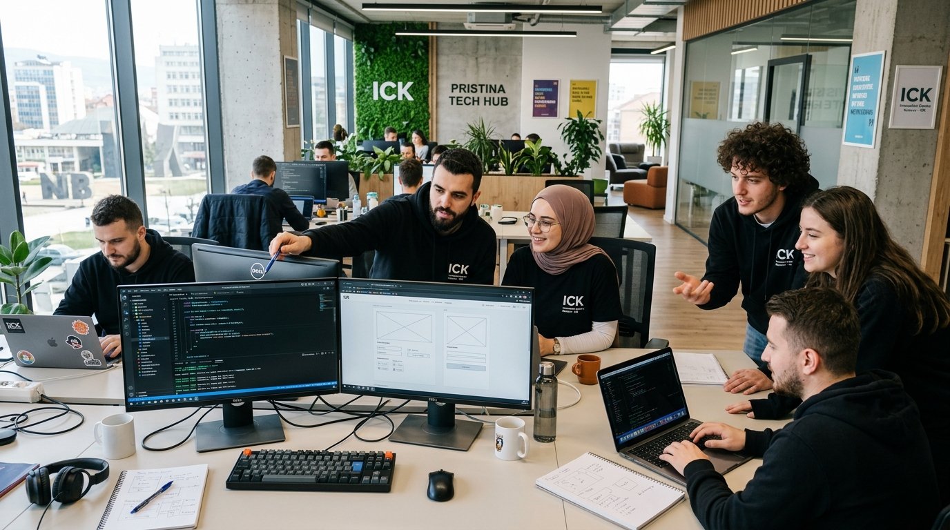 Digital Transformation in Kosovo: Software developers collaborating at Innovation Centre Kosovo in Pristina