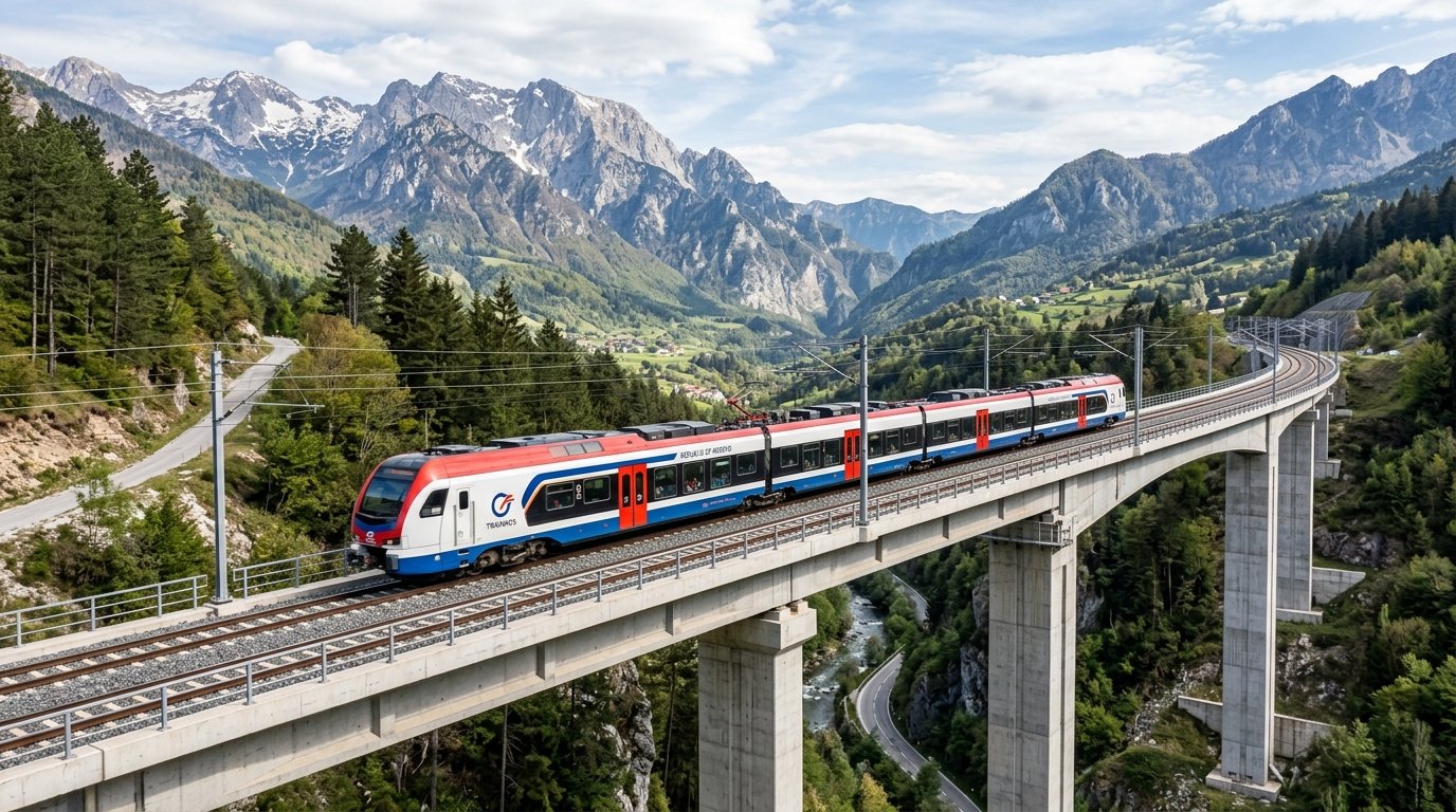Rail Route 10 Modernization high speed electric passenger train crossing mountain viaduct in Western Balkans