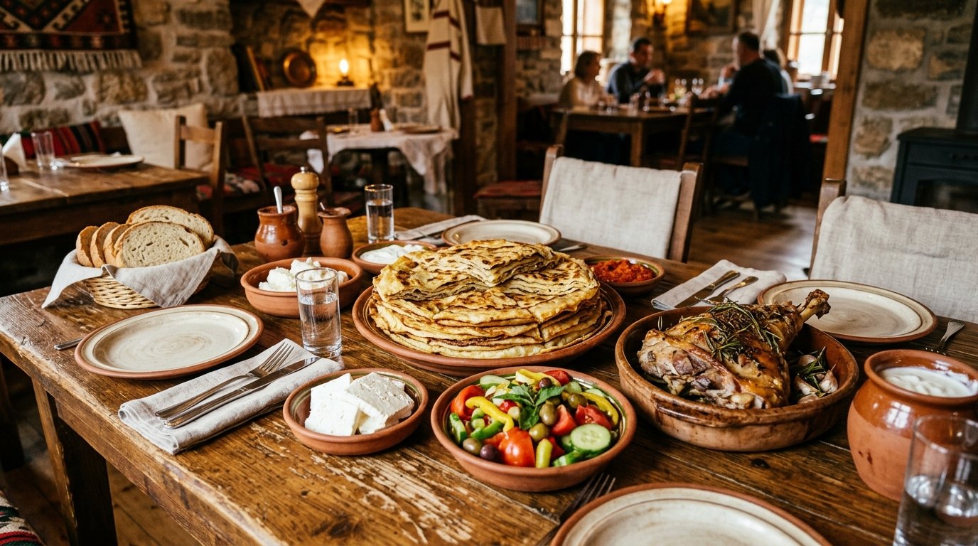 Kulinaria Tradicionale Shqiptare: Gastronomia Tradicionale Shqiptare fli e pjekur me saç dhe ushqime vendore